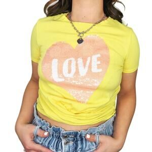 Y2k Pastel Yellow Flip Sequin Heart Crop Baby Tee Small